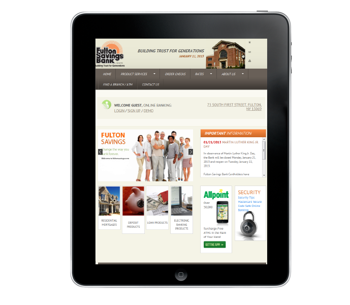 credit union website design tablet portrait view for fulton savings bank made by acs web design and seo