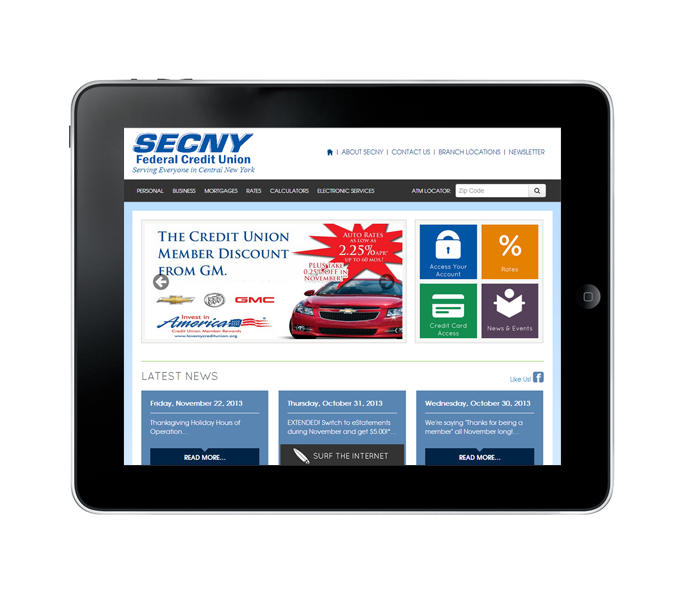 credit union website design tablet landscape view for SECNY federal credit union made by acs web design and seo