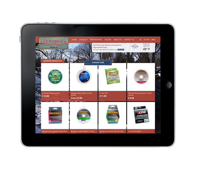 tablet view of fishing product categories for fishing ecommerce web design