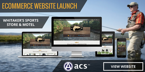ecommerce website design custom online tackle shop whitakers sports store and motel acs logo and view website button