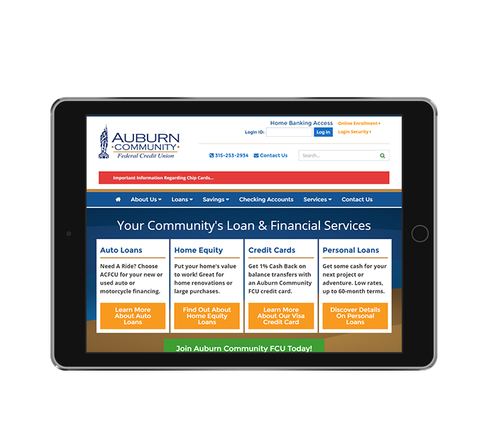credit union website design tablet landscape view auburn community fcu by acs web design and seo
