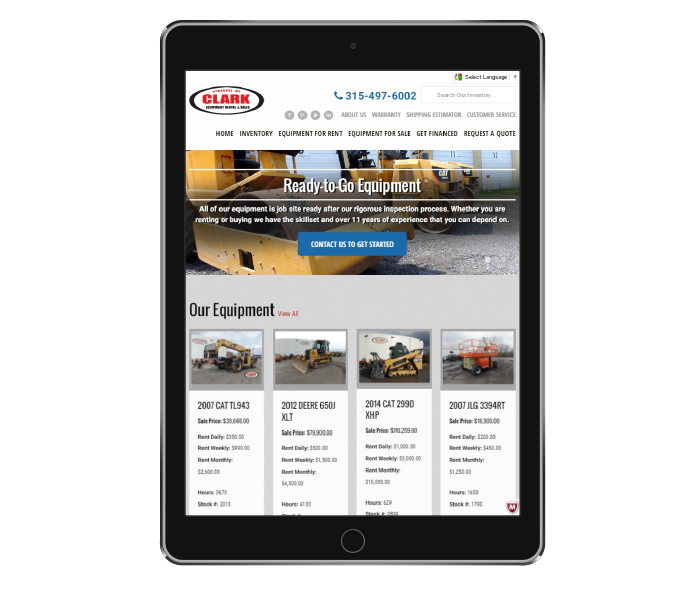 ecommerce web design tablet portrait view of clark equipment from acs web design and seo