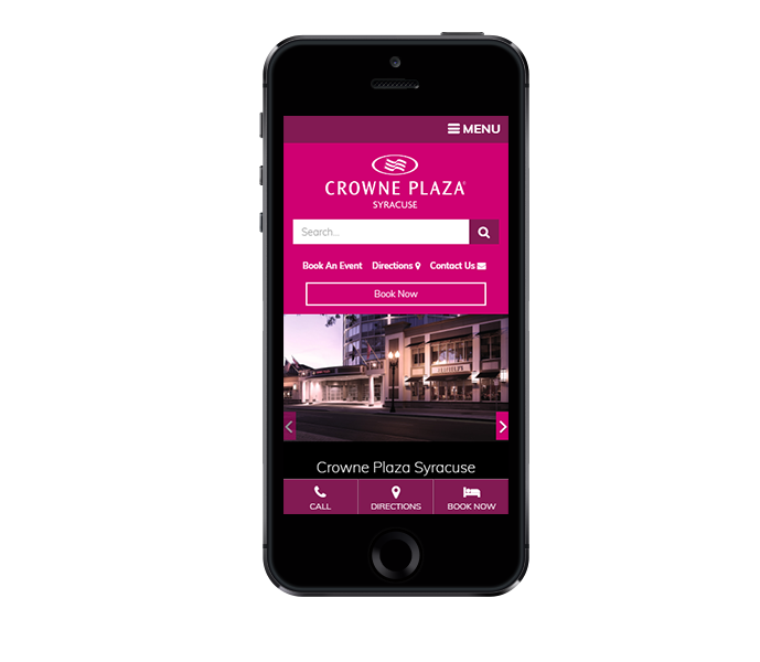 hotel website design mobile friendly phone view of crowne plaza syracuse by acs web design and seo