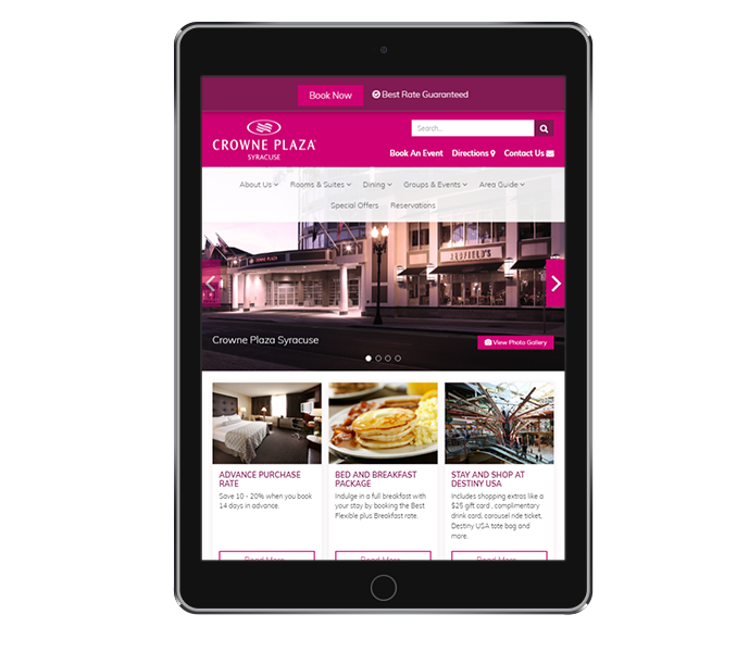 hotel website design tablet portrait view of crowne plaza syracuse by acs web design and seo