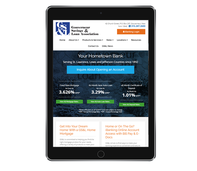 banking website design portrait view of gouverneur savings and loan association by acs web design and seo