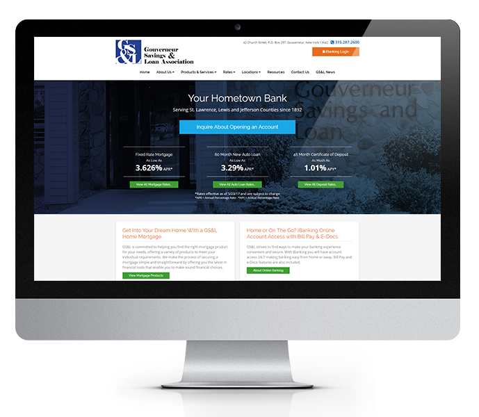 bank web design desktop view of gouverneur savings and loan by acs web design and seo