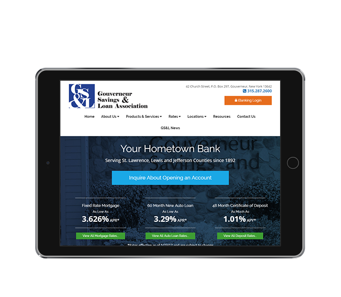 bank web design tablet landscape view of gouverneur savings and loan by acs web design and seo