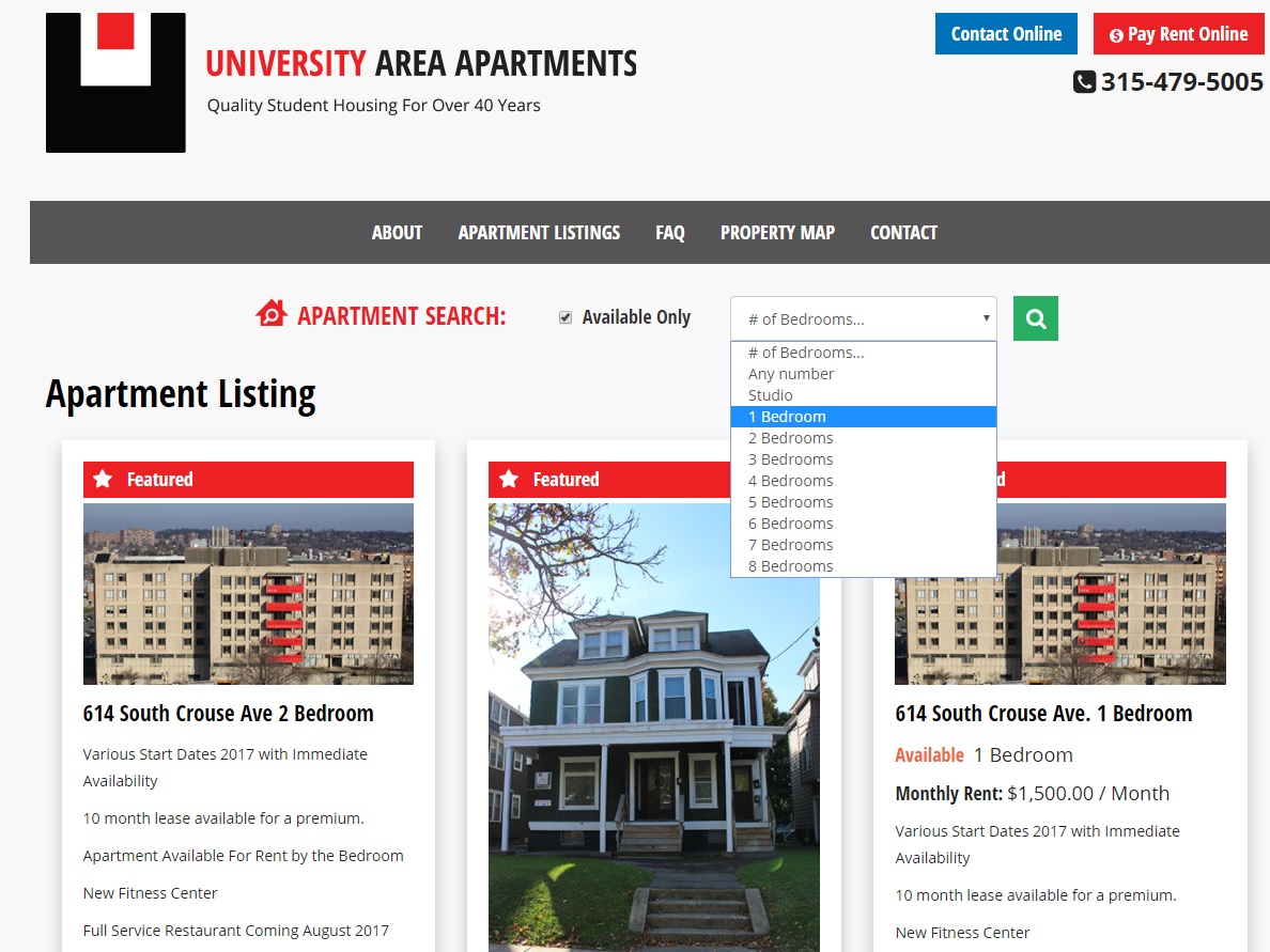 apartment web design search filter for univesity area apartments by acs web design and seo