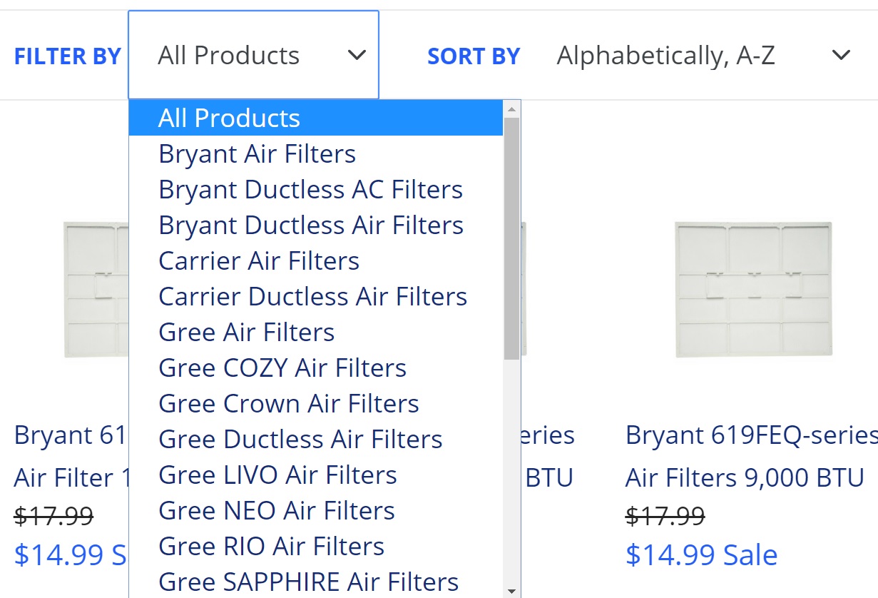 ecommerce website design product filters for genuine air filters by acs web design and seo