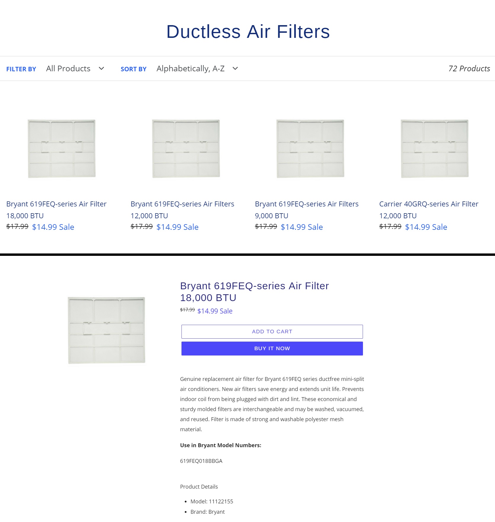 ecommerce website design product categories and product detail pages for genuine air filters from acs web design and seo