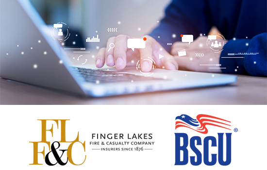 web design company image of fingers on laptop keyboard with bubbles indicating multichannel funnels and finger lakes fire and casualty company logo bscu logo