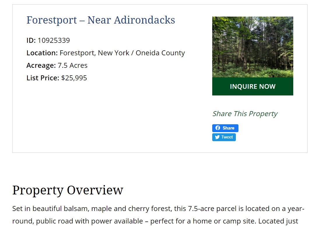 new york web design image of property detail page including property name location acreage list price and property description