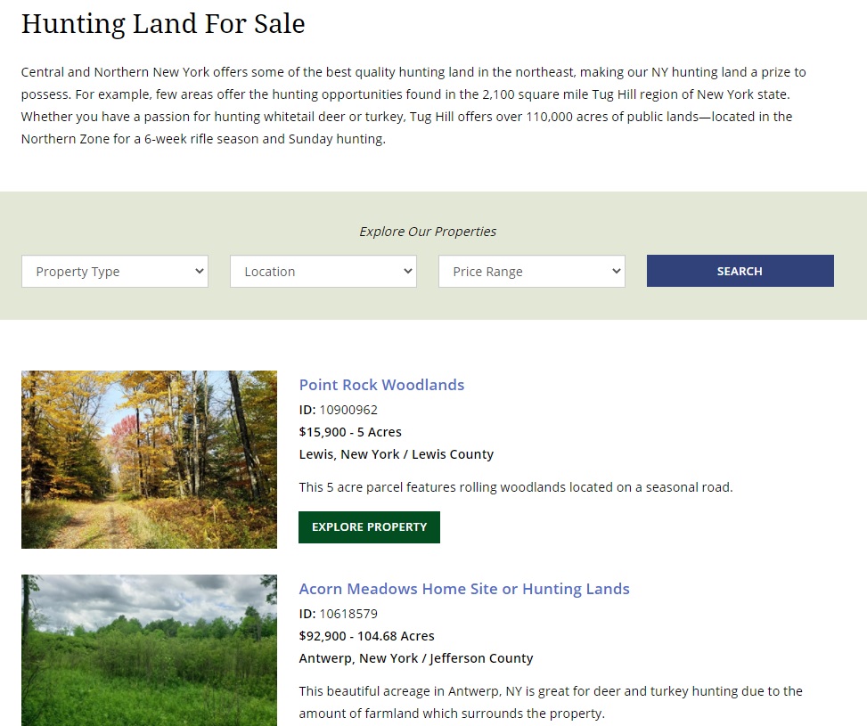 new york web design image of property category page with seo description for hunting land for sale and list of properties
