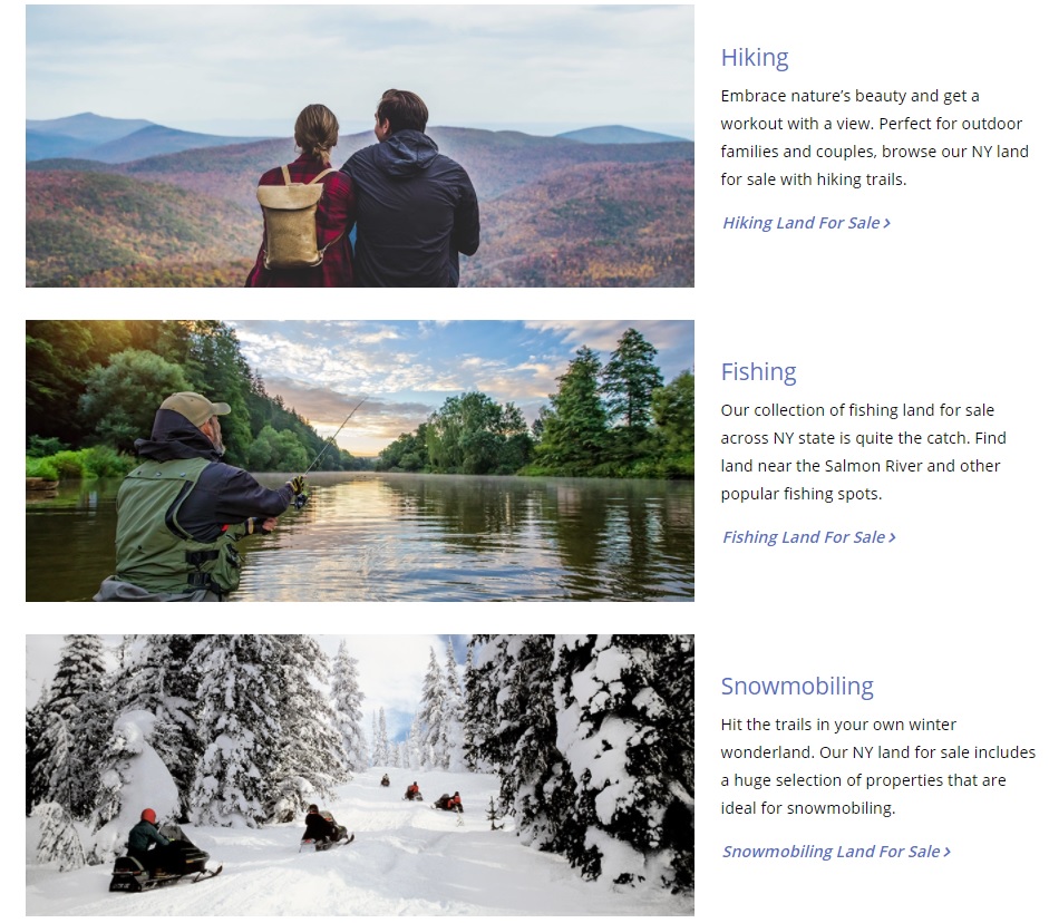 new york web design image of custom landing pages for hiking land fishing land and snowmobiling land