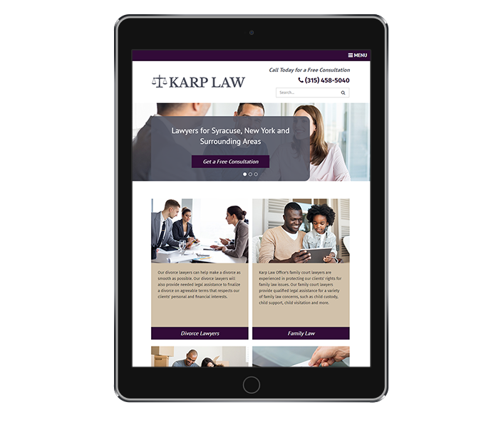 law office web design image of karp law office on tablet portrait view