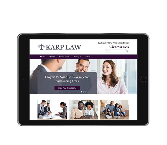 law office web design image of karp law office website on tablet landscape view