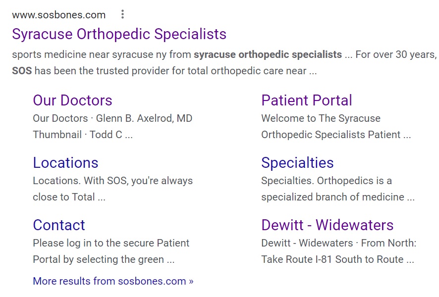 medical website design and development image of google search results for syracuse orthopedic specialists with site links