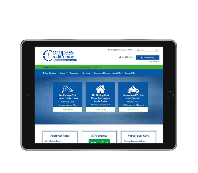 ada compliant website design image of compass federal credit union website on tablet landscape view