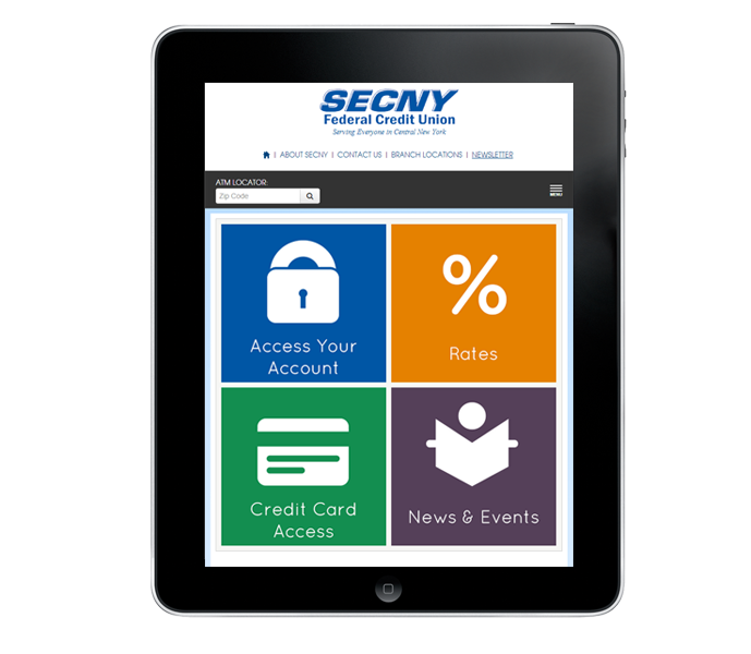 credit union website design tablet portrait view for SECNY federal credit union made by acs inc web design and seo