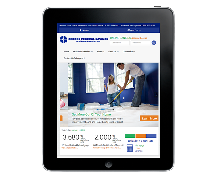 credit union website design tablet portrait view for geddes federal savings by acs inc web design and seo