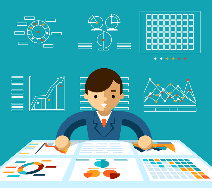 private school website design image of white collar professional in front of graphs and charts