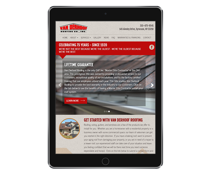 roofing website design tablet portrait view van derhoof by acs