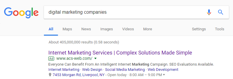 example ad on google - pay per click marketing syracuse