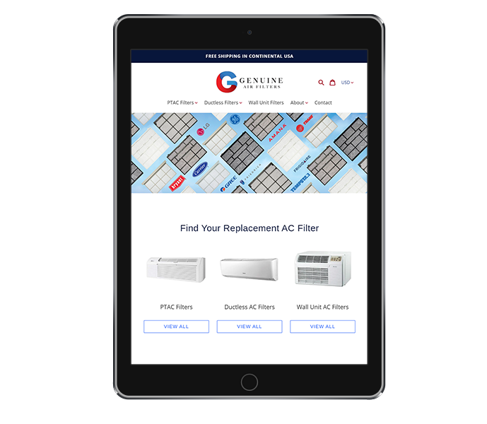 ecommerce website design tablet portrait genuine air filters