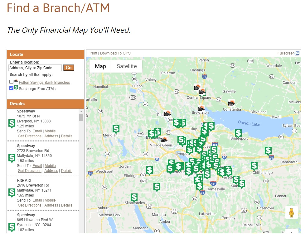 bank website design find an atm interactive map display of nearby atms by distance for fulton savings bank by acs web design and seo