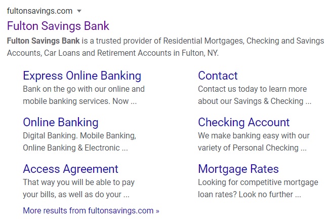 bank website design screenshot of google search results for fulton savings bank displaying site links to indicate appropriate positioning on search engines 