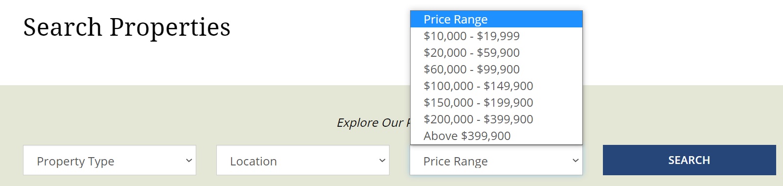 new york web design image of price range filter with options for 10000 to 19999 20000 to 59900 60000 to 99000 100000 to 149900 150000 to 199900 200000 to 399900 and above 399900