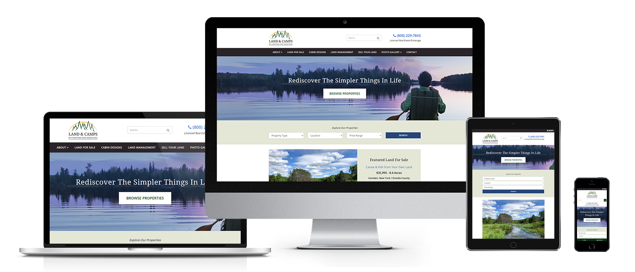 new york web design land and camps image of website on desktop laptop tablet and phone full width