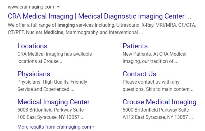 medical office website design image of cra medical imaging in search results with site links displaying suggesting site is indexed properly by google