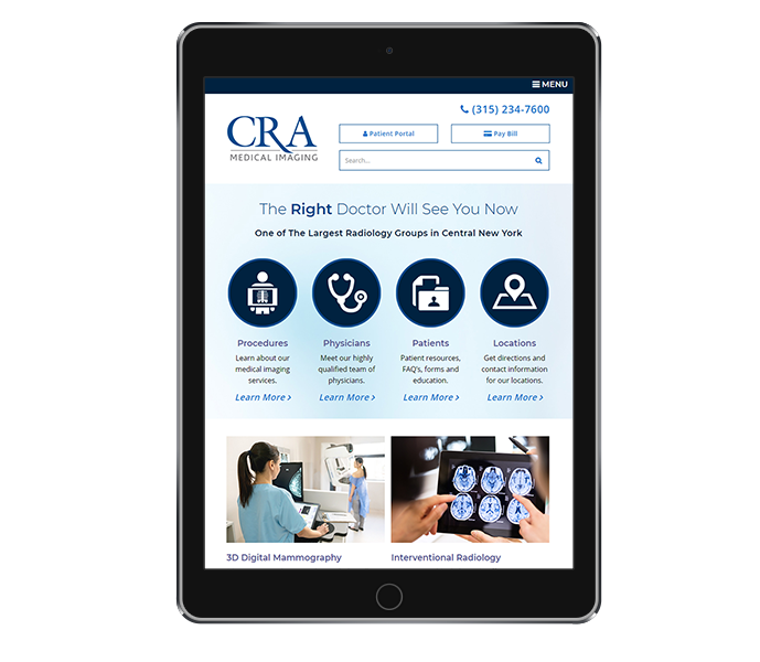 medical office website design image of cra medical imaging tablet portrait view