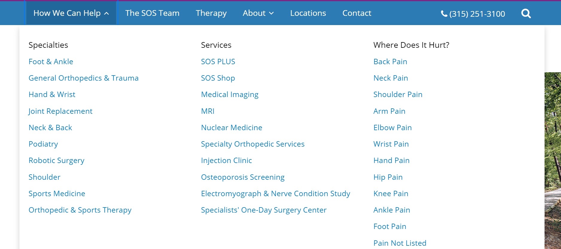 medical website design and development image of mega menu with list of links in columns