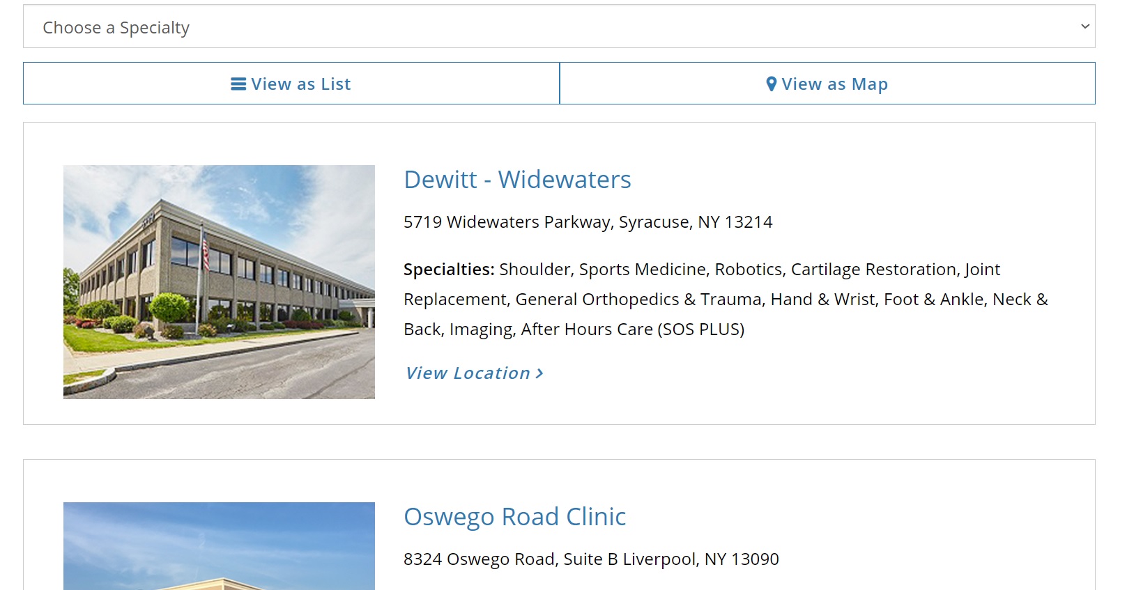 medical website design and development image of office location index with options to sort as a list view on a map or sort locations by specialty