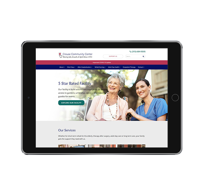 nursing home website design image of tablet landscape view of crouse community center website