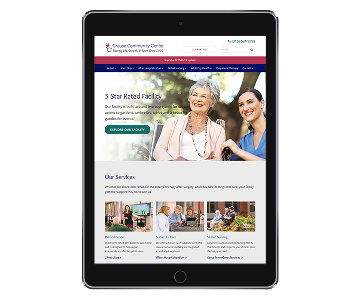 nursing home website design image of tablet portrait view of crouse community center website