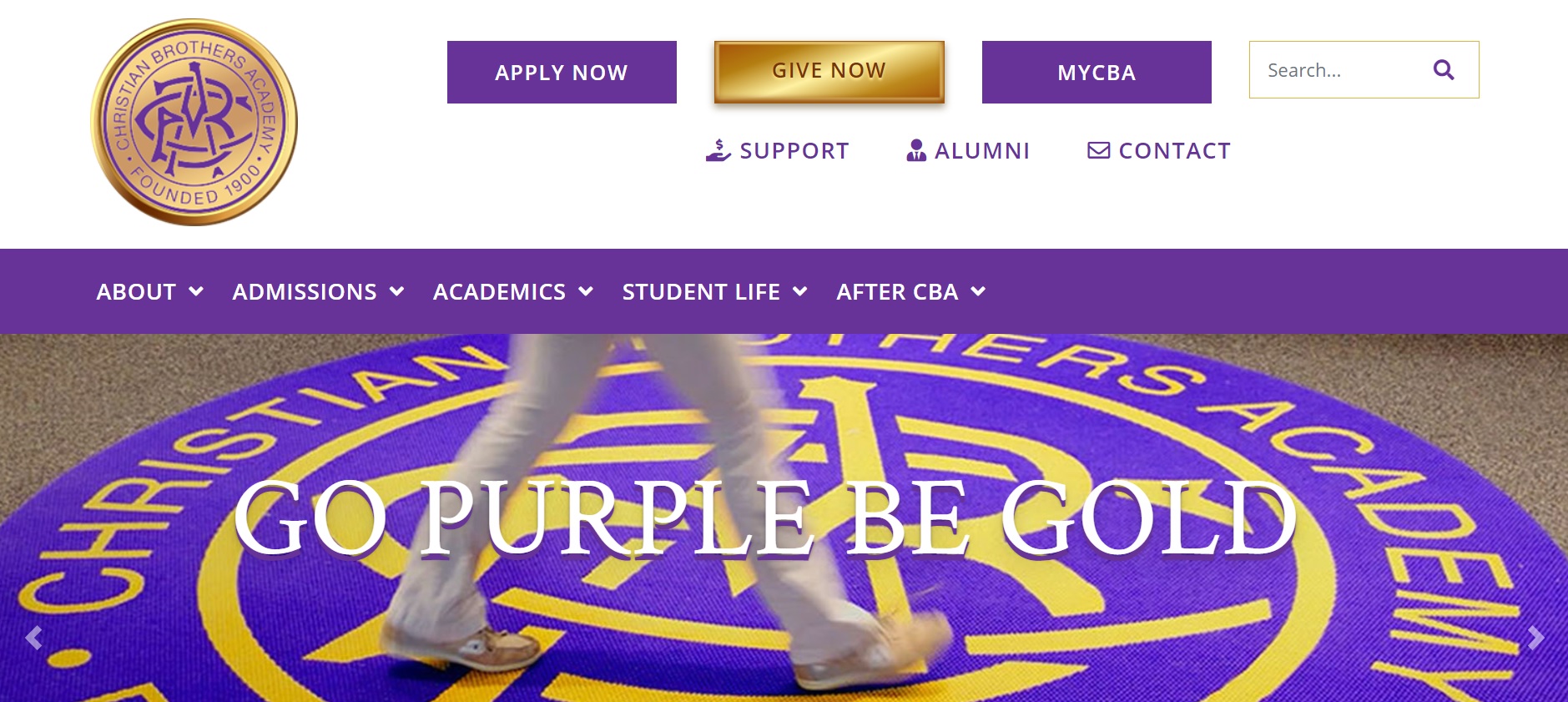 private school website design image of cba purple and gold with go purple be gold text and website navigation menu