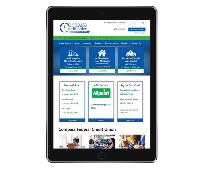 ada compliant website design tablet portrait view of compass federal credit union website