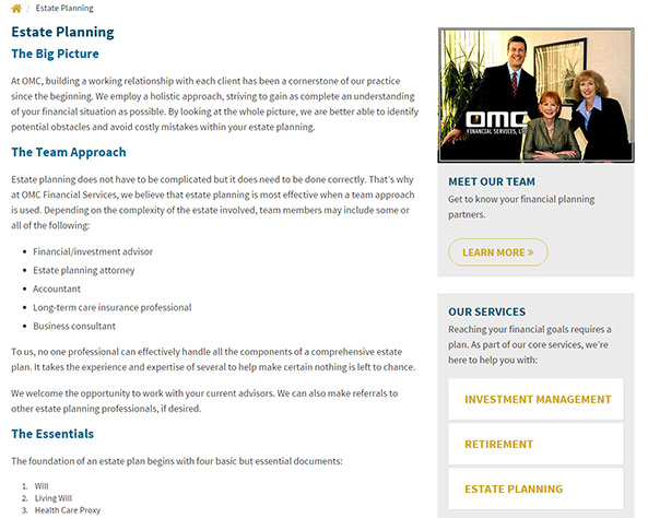 financial services web design image of estate planning page on omc financial services website design