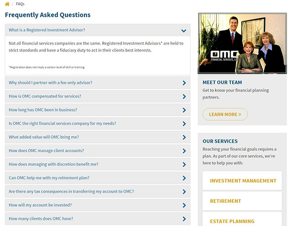 financial services web design image of frequently asked questions on omc financial services website design
