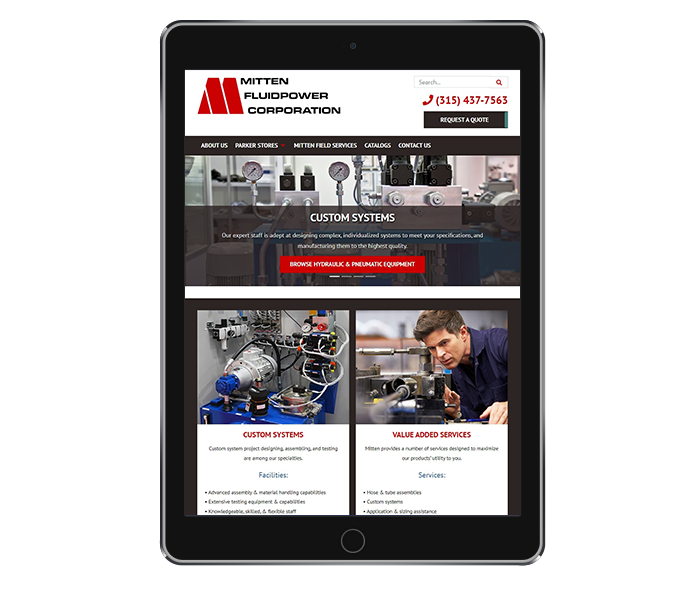 industrial website design image of mitten fluidpower website design on tablet portrait view