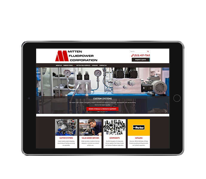 industrial website design image of mitten fluidpower website design on tablet landscape view