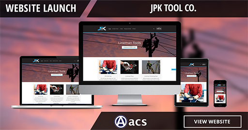 catalog web design website launch jpk tool co acs logo with view website button image of website on desktop laptop tablet and phone