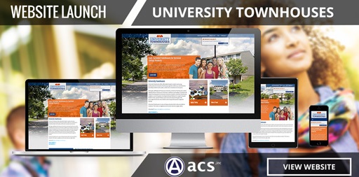 real estate web design image for website launch of university townhouses with view website button and website shown on multiple devices