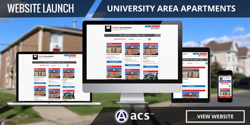 real estate web design image for website launch of university area apartments with view website button