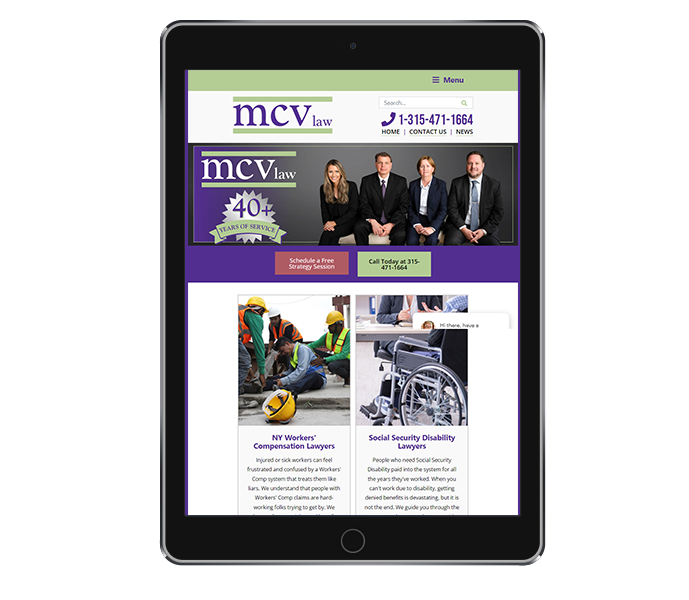 legal website design and law firm web design for mcv law tablet portrait view from acs