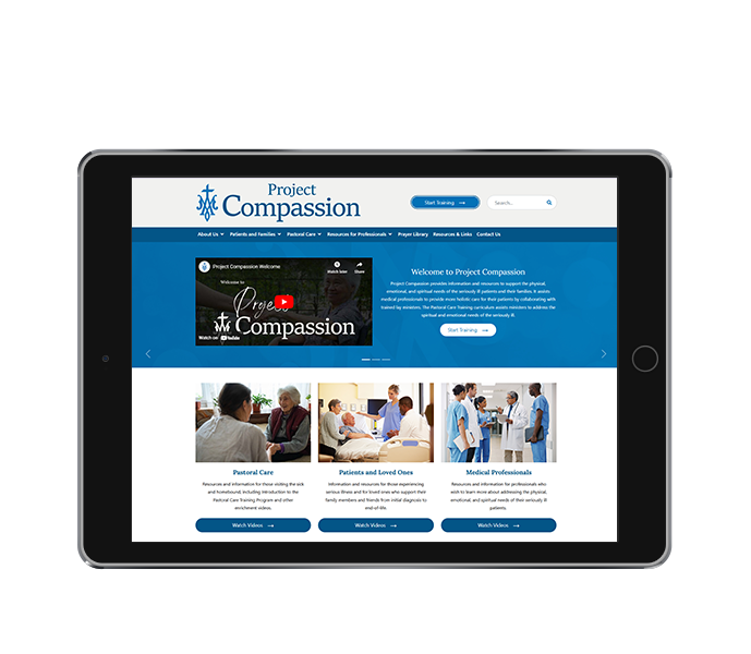 health care website design image of project compassion website design on tablet landscape view