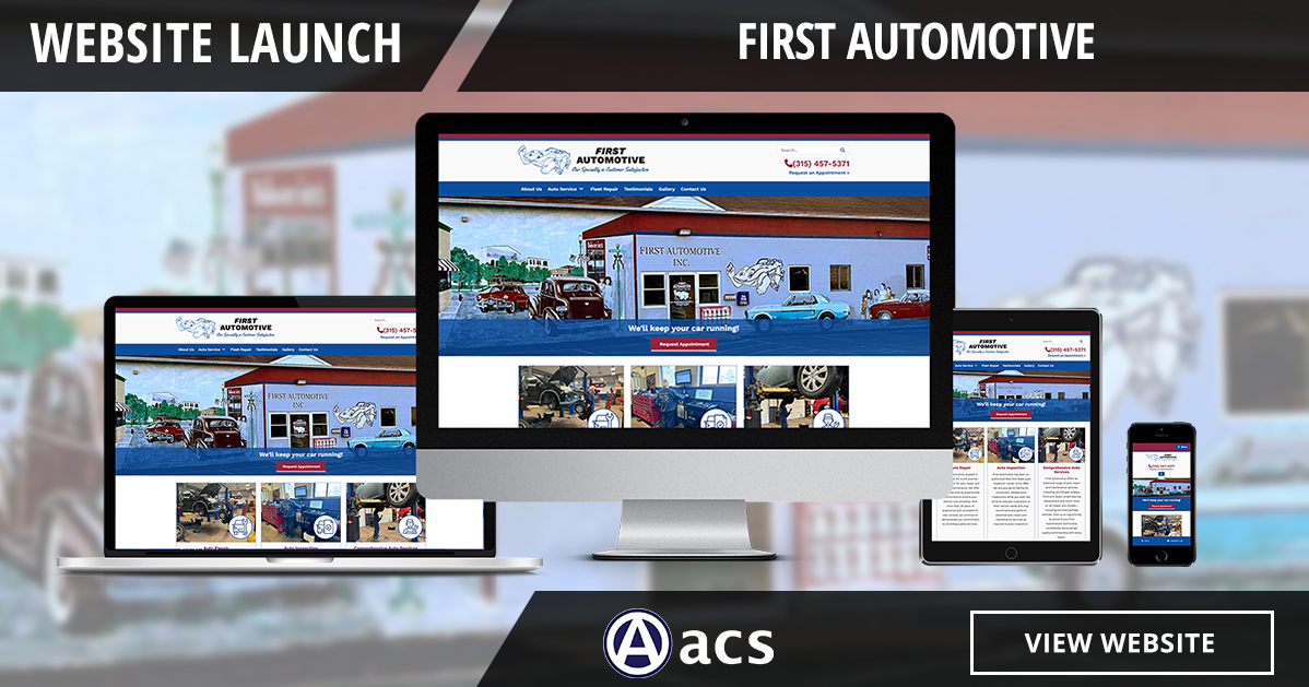 auto repair shop website design website launch first automotive with acs logo and view website button